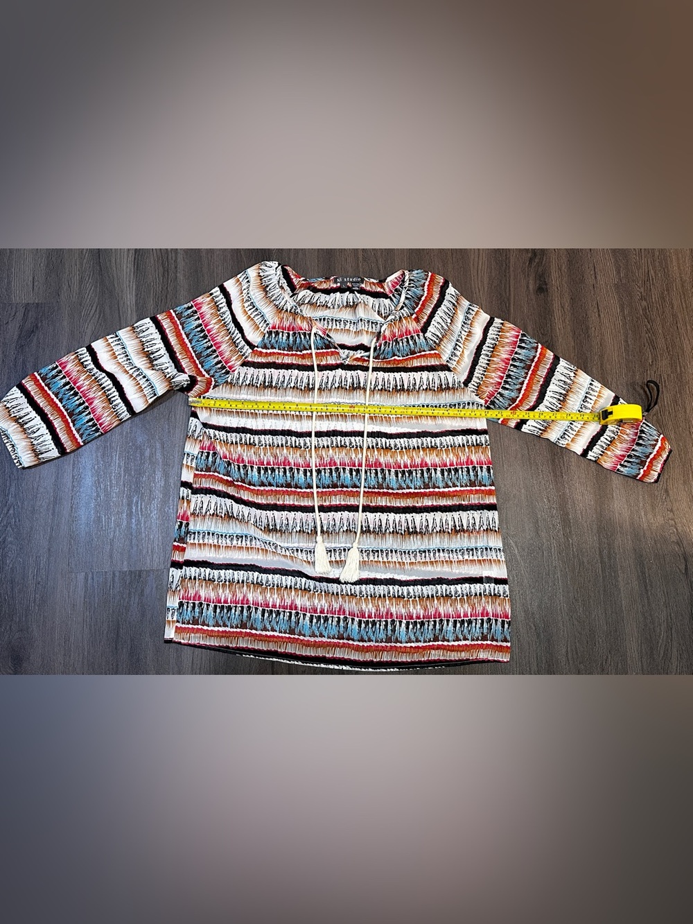 Boho Aztec Stripe Tassel Peasant Tunic Top Festival Coastal Cowgirl - Picture 8 of 12